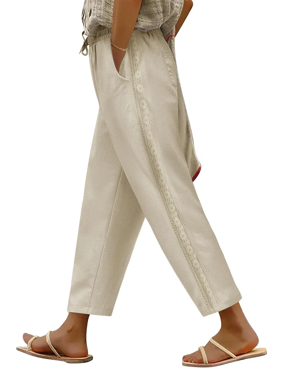 Pantaloni Donna Estivi 7/8 Leggeri Larghi Comodi Cotone Pantalone Elastico Vita Alta Casual Elegante Pantaloni da Lavoro Gamba Dritta Spiaggia Pantalone con Tasche