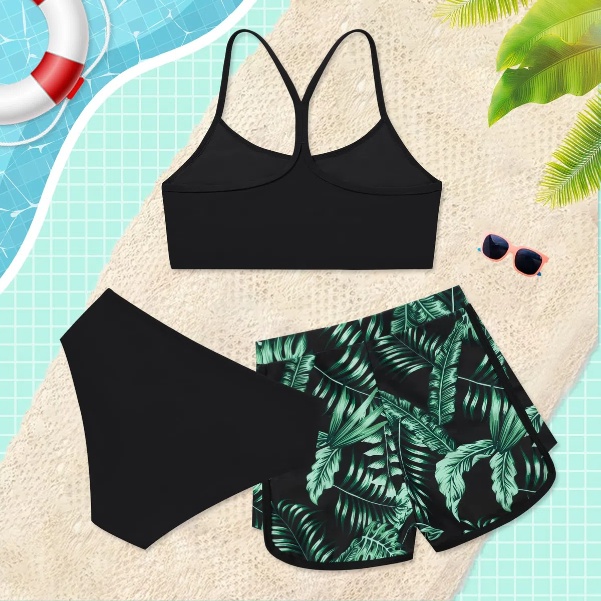 Costume da bagno da bambina in 3 pezzi, tinta unita, con pantaloncini sportivi stampati, costume da bagno per ragazze adolescenti 9-16 anni