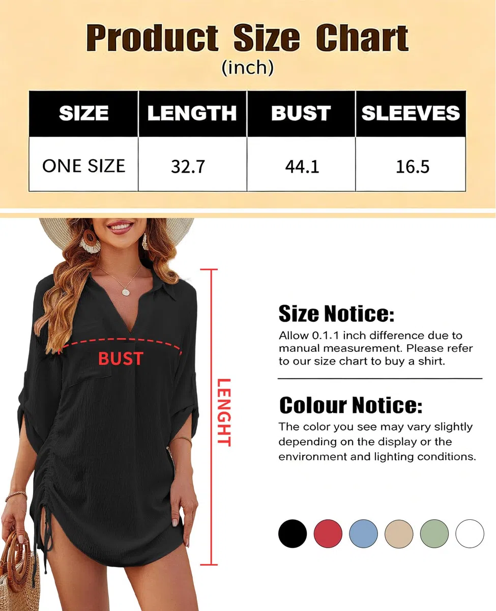 JFAN Copricostume Donna Mare Casual Camicia Lunga Scollo a V Copri Costume da Spiaggia Sciolti Regolabile Bikini Cover Up
