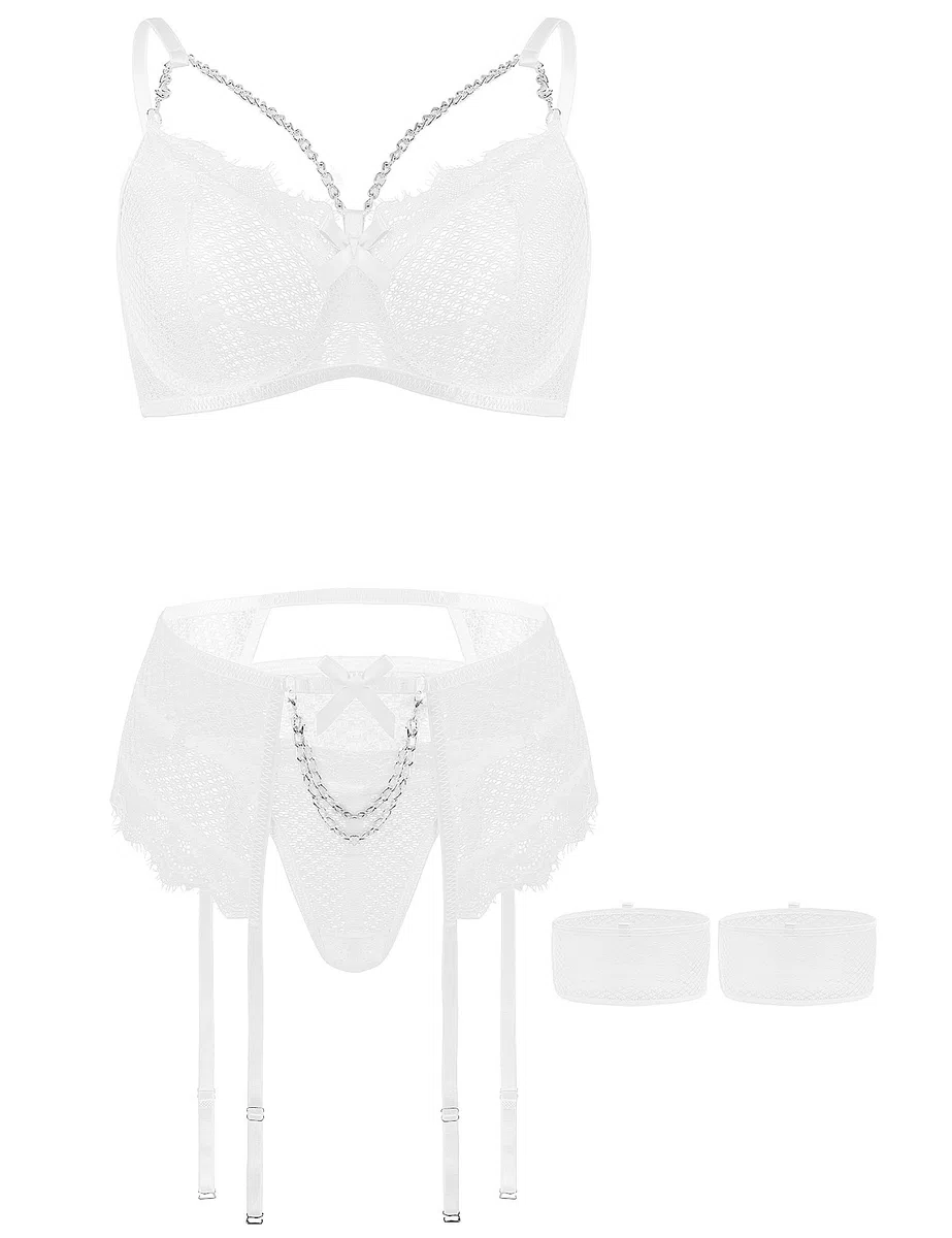 Aranmei Lingerie Sexy da Donna 4 Pezzi Set Esotico Strappy Lingerie con Reggicalze in Pizzo con Ferretto Reggiseno e Slip Set