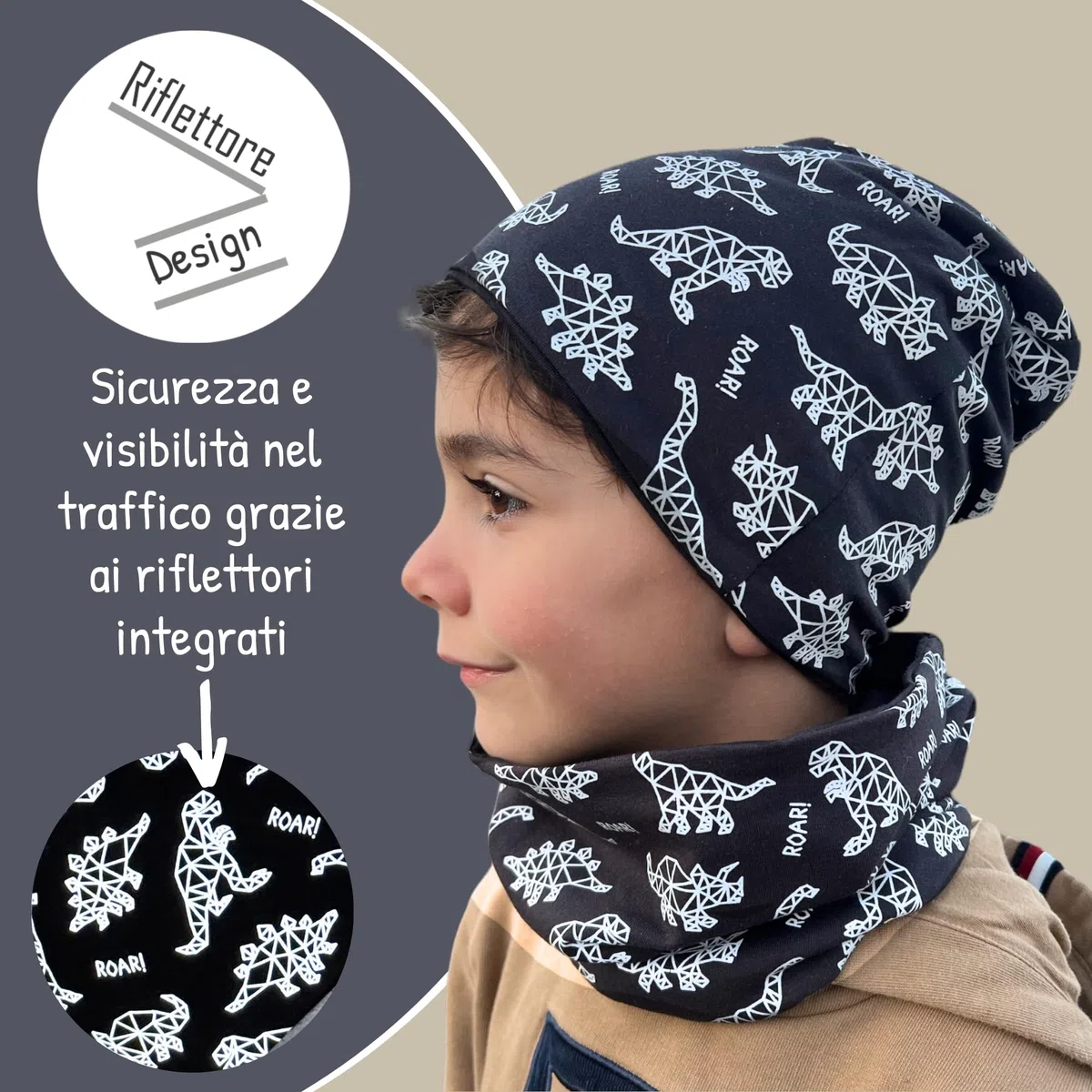 HECKBO Set Berretto & Scaldacollo 360° Riflettente per Bambini – 95% Cotone – Materiale elastico morbido e facile da curare – Beanie Primavera Autunno Inverno (48–54 cm)