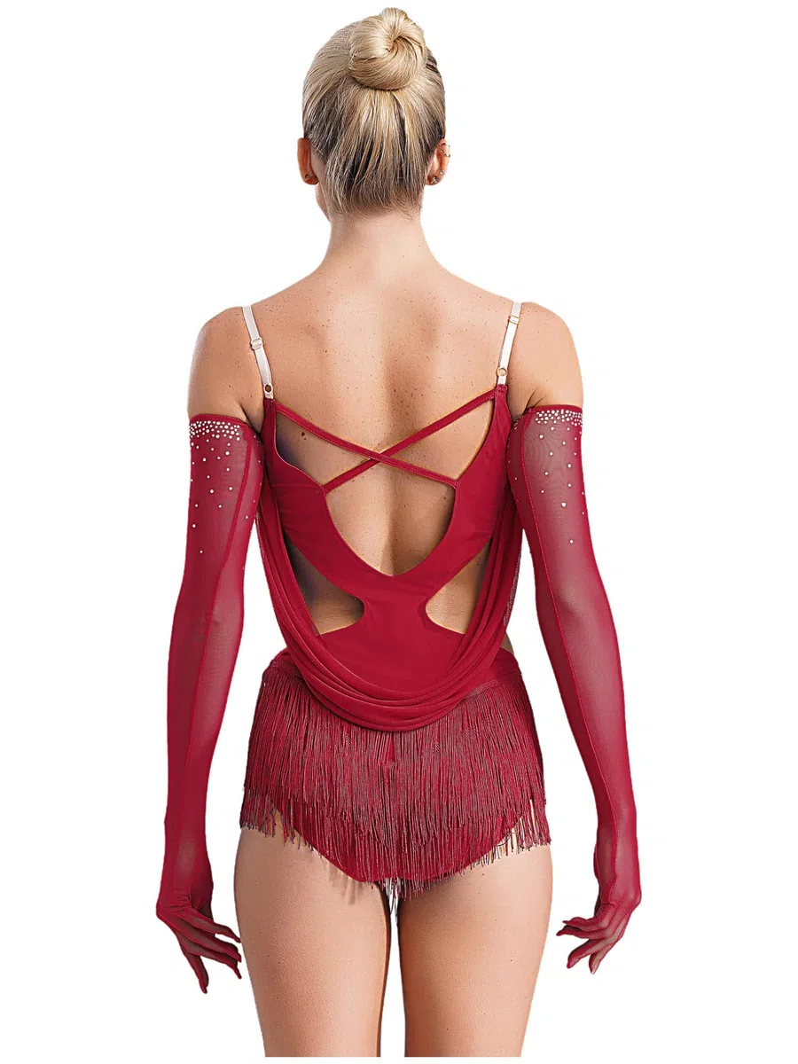 Freebily Abito da Ballo Latino Americano Donna con Nappe Strass Body Danza Classica Moderna con Guanti Balletto Leotards Costume da Danza Samba Rumba Salsa Sala da Ballo