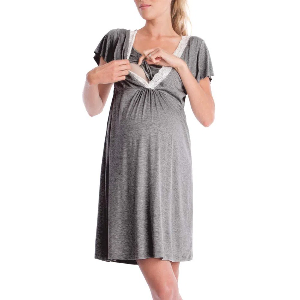 Bysion Donna Set Vestaglia e Camicia Cotone Allattamento Premaman Elegante Scollo a V Pizzo Vestito Pigiami Casa Casual Comodo - Pacco da 2