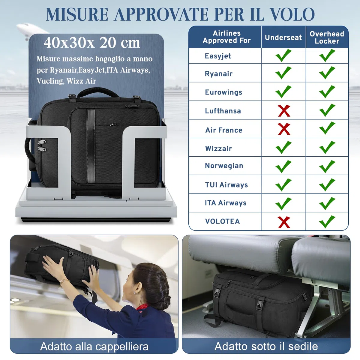 VSNOON per Nuove Zaino Ryanair 40x30x20, 24L Zaino da Viaggio Bagaglio a Mano Con Tasca Bagnata, Impermeabile Zaino per 15.6 pc portatile per Ryanair, Wizz Air, ITA Airways, Vueling, Nero