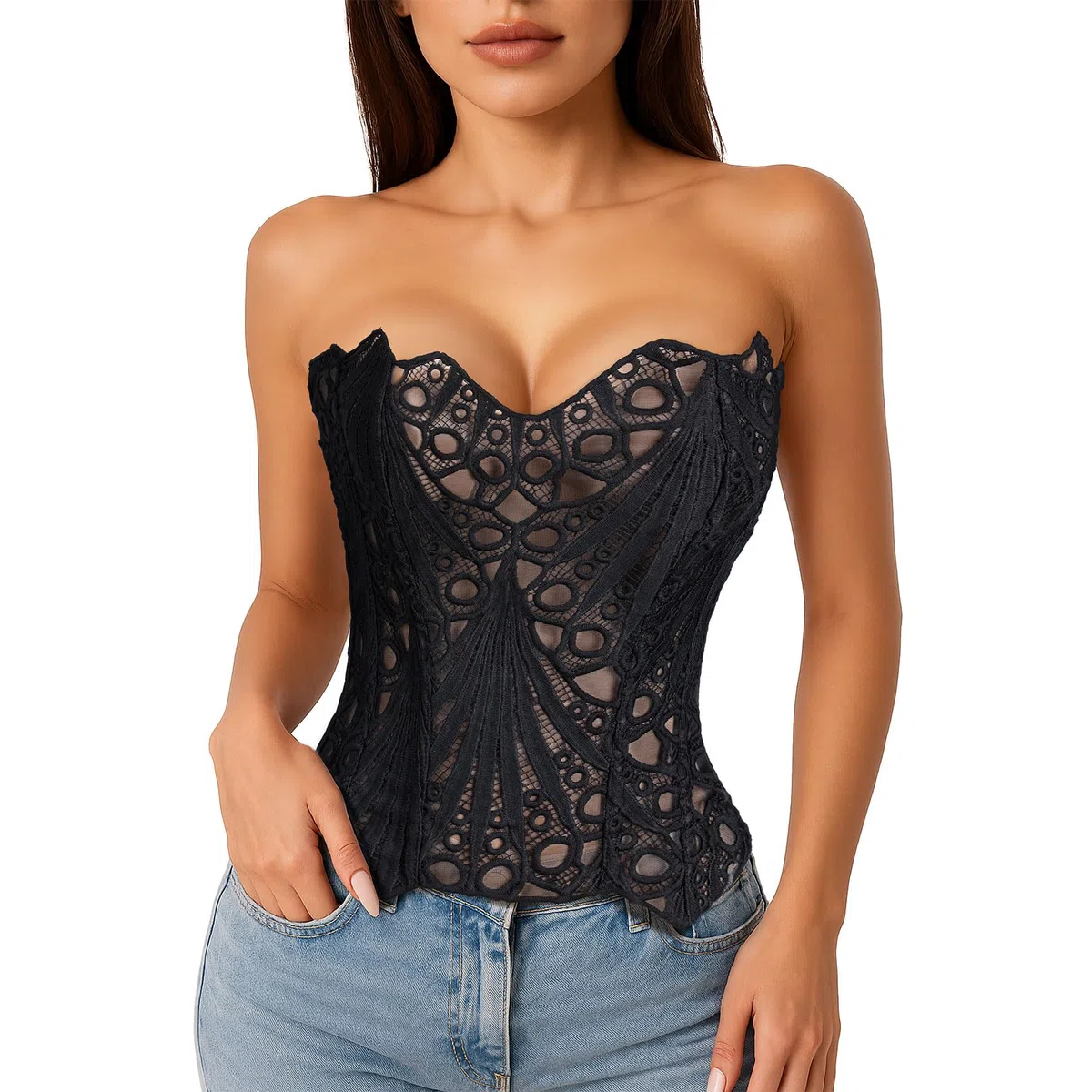 LEACOOLKEY Corpetto Corsetto in Pizzo Floreale Trasparente con Lacci per Donna Top Halloween