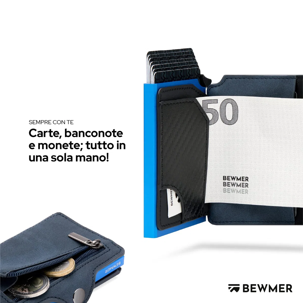 BEWMER Porta Carte di Credito 1 Schermato | Portafoglio Slim da Uomo e Donna | Porta Tessere e Documenti con Rfid Protection e Fermasoldi in Carbon Fiber