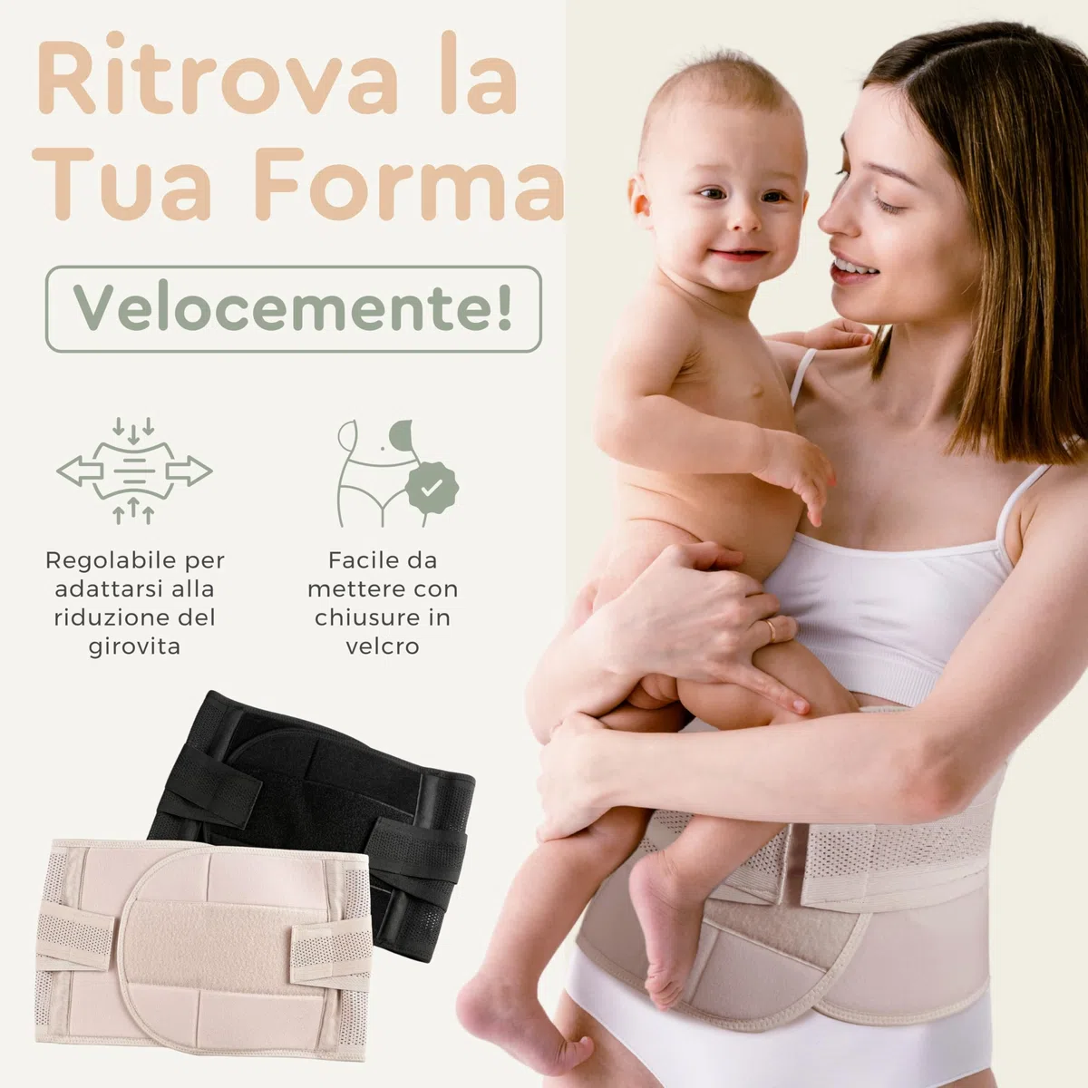 BellyHug – Fascia Post Parto per Recupero Addominale | Pancera Contenitiva Ideale Dopo Cesareo, Compressione Regolabile e Traspirante (Beige, L)
