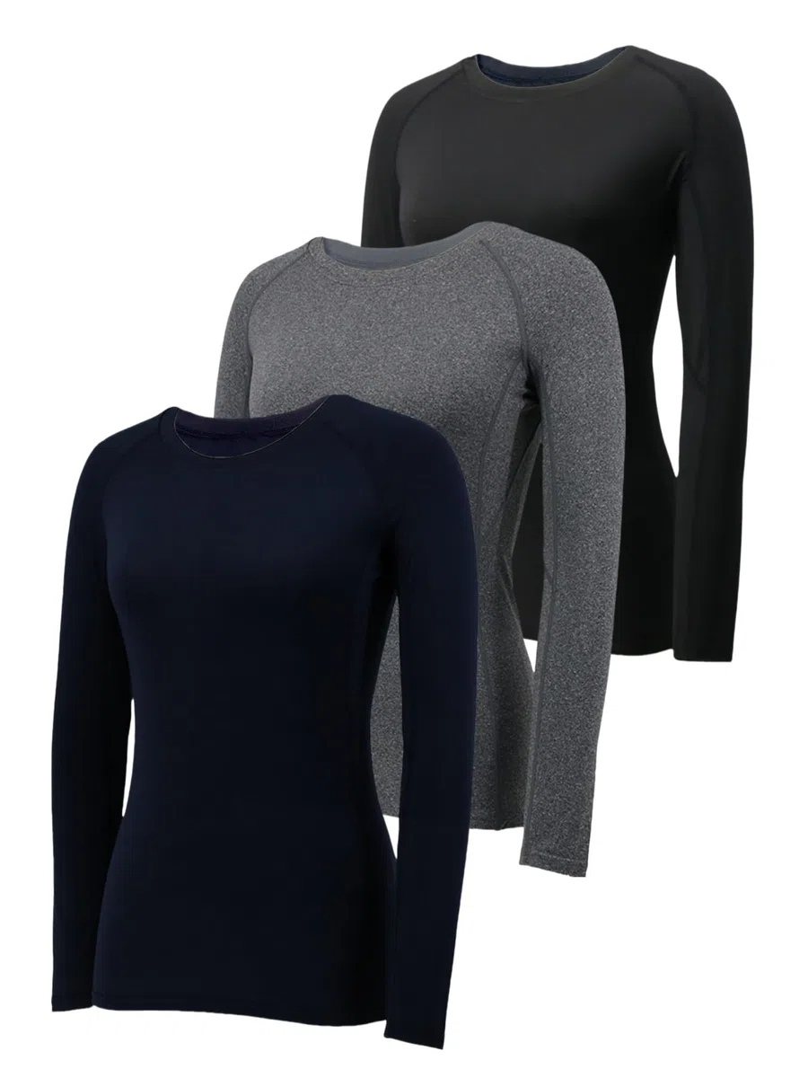 YUSHOW Confezione da 3 magliette da donna a compressione, a maniche lunghe, funzionali, per il fitness, per la corsa, traspirante, per il jogging, la palestra, per
