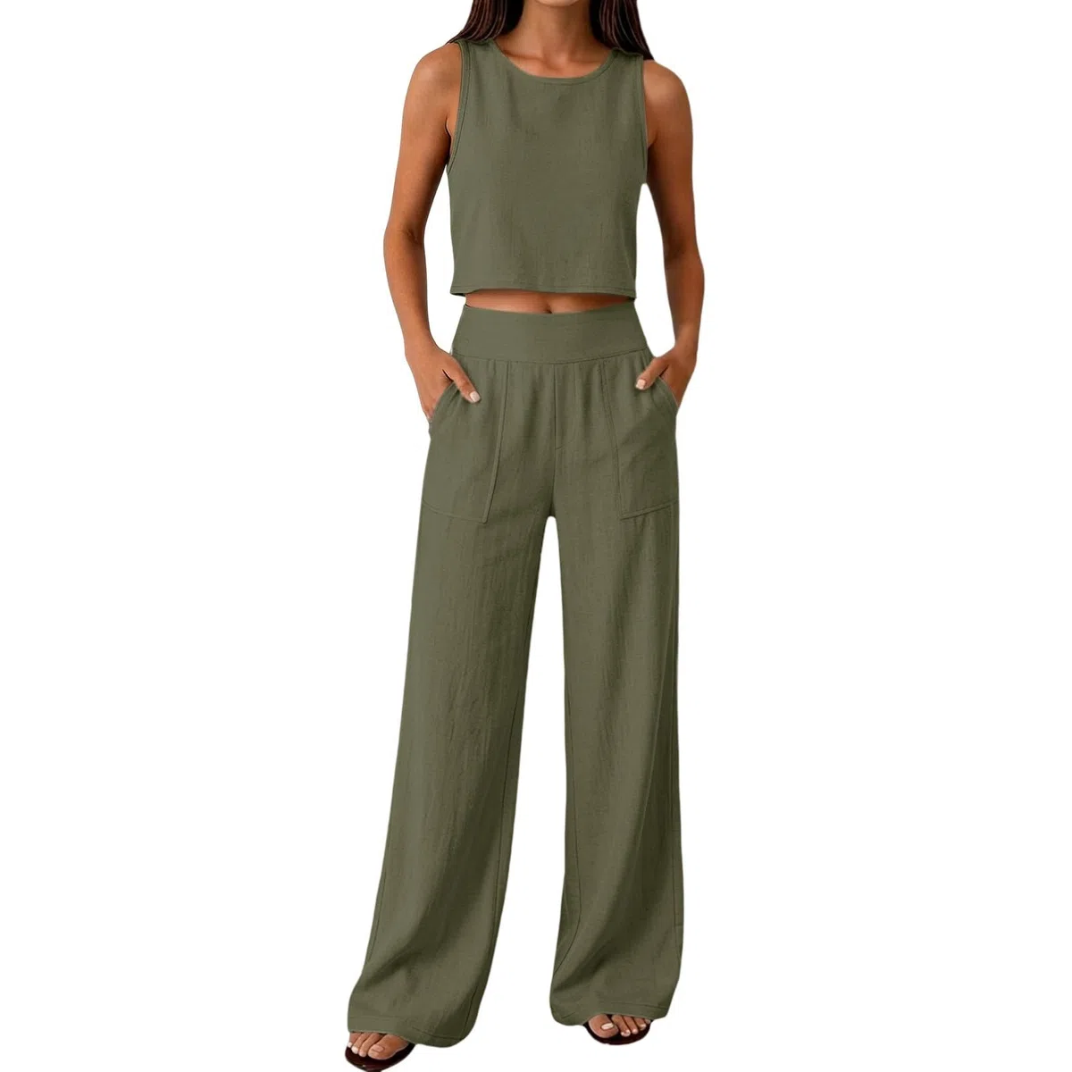 Completo Estivo Donna Lino Tailleur Donna Estiva Senza Maniche Girocollo Tuta Completa Lino e Cotone Completi Estivi Set Casual Relax Corte Top e Pantaloni Estivi da Casa Ideale Per Vacanza