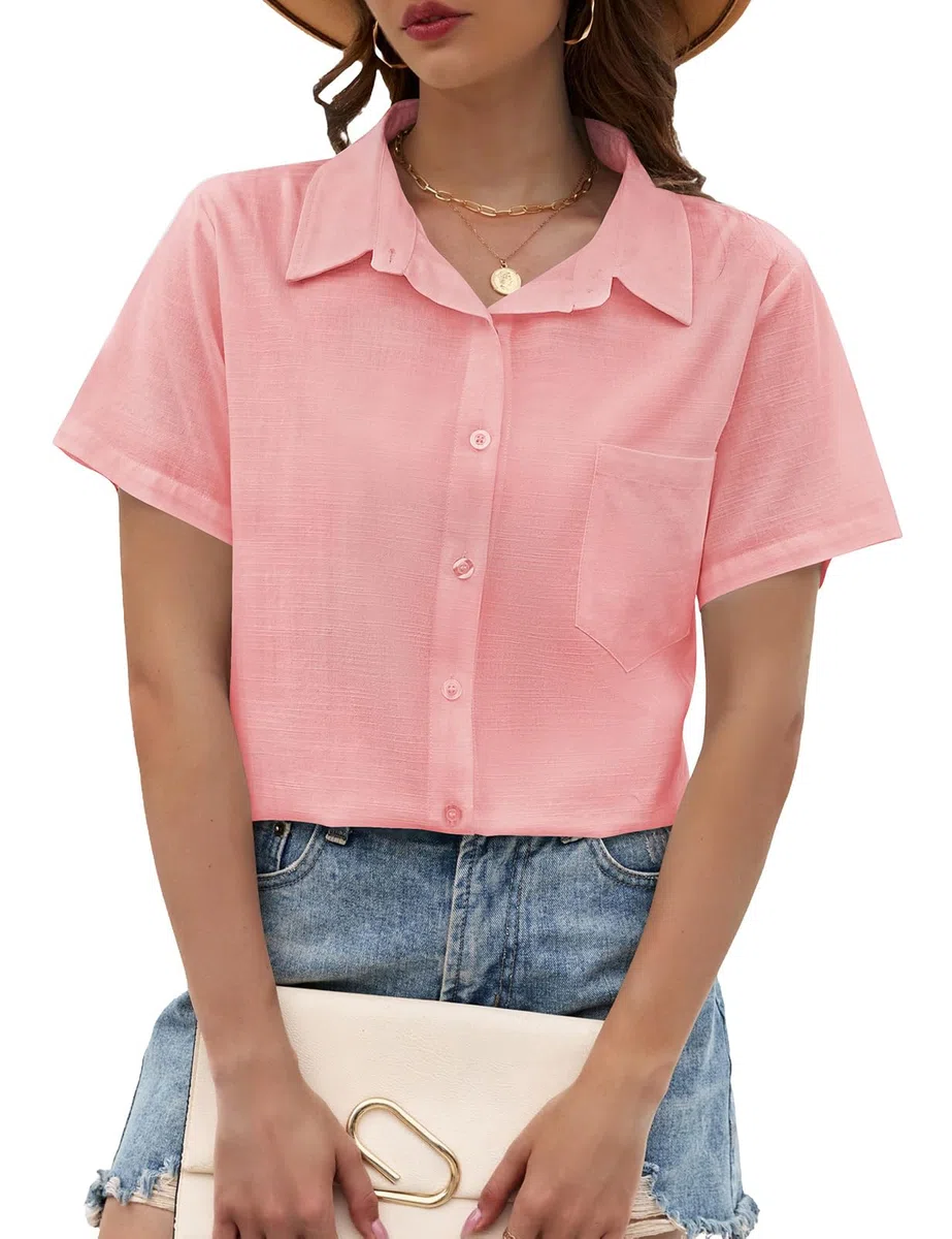 Camicia Donna Estiva Blusa Elegante Manica Corta Cotone Lino Camicetta da Donna Maglia Estive Maglietta Casual Scollo a V con Bottoni T Shirt Tinta Unita Classico Tops