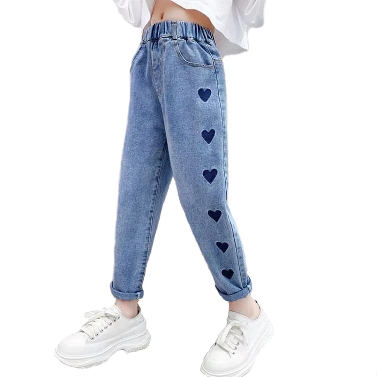 Jeans casual da ragazza con vita elastica con tasche posteriori, jeans perfetti per bambini dai 6 ai 12 anni, comodi pantaloni da ragazza da indossare tutti i giorni