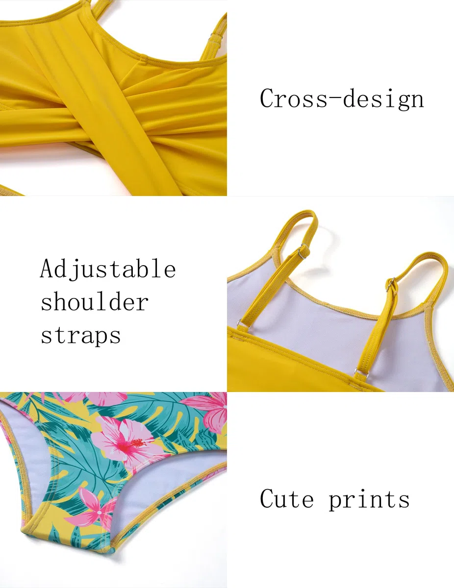 Arshiner Bikini da bambina con pareo, set da 3 pezzi, costume da bagno estivo da spiaggia, bikini per bambini 7-15 anni