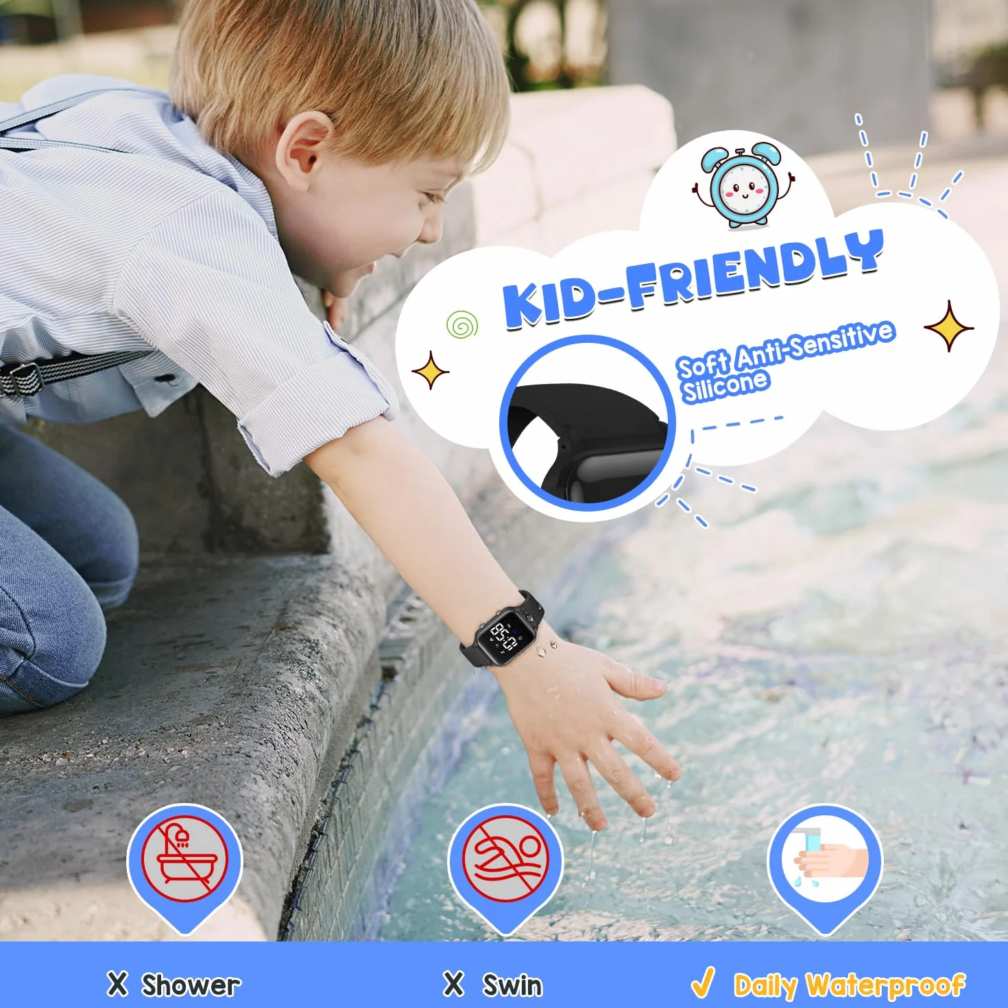 caprock Orologio digitale a LED per bambini, con contapassi, impermeabile fino a 50 atm, con calcolo della distanza/vibrazione, doppia sveglia/cronometro
