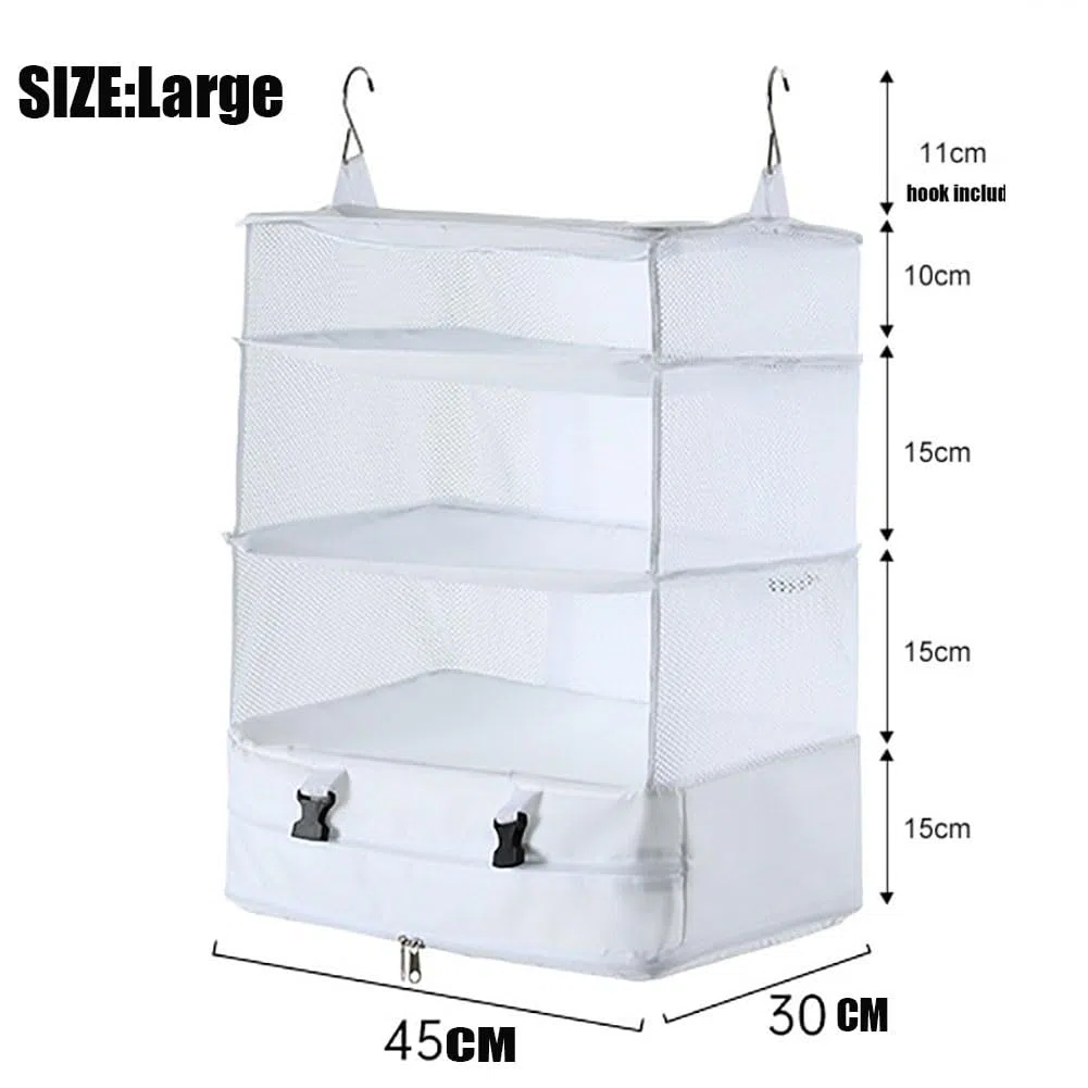 Organizer per valigia, da appendere, a cubo, a compressione con 3 ripiani, 2 ganci, pieghevole, per bagagli a mano, organizer da viaggio, portatile, cubo per zaino, bianco