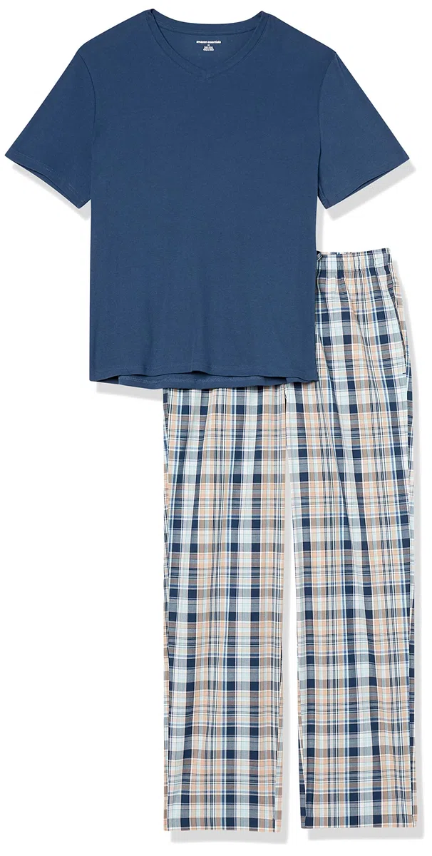 Amazon Essentials Set Pigiama con Pantaloni in Popeline di Cotone Elasticizzato e T-Shirt in Jersey di Cotone Uomo