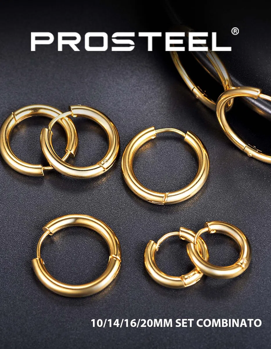 PROSTEEL Set di orecchini da uomo, unisex, alla moda, in acciaio inossidabile 316L, placcati oro/placcati in metallo nero (3 o 4 pezzi)