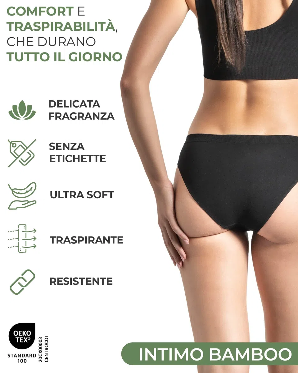 Risalti Slip Donna Bamboo Senza Cuciture 3 Pz - Mutande Donna Seamless Elasticizzate in Viscosa di Bamboo, Intimo Donna Traspirante Ipoallergenico, Morbide e Fresche Tutto Il Giorno - Made in Italy