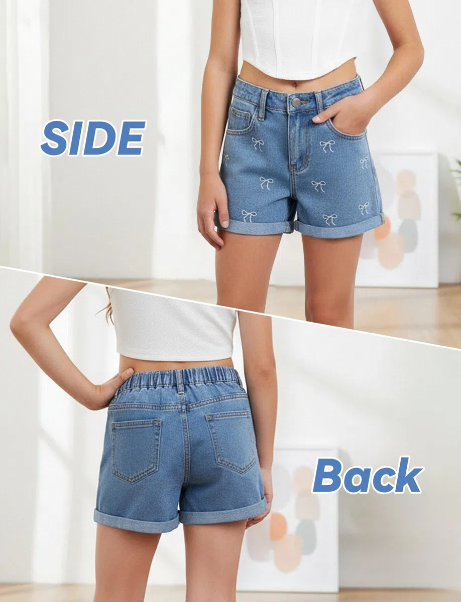 SEAUR Ragazza Shorts da Jeans Casual Moda Baggy Shorts Denim Bambina Pantaloni Denim Corti con Vita Elastica 8-12 Anni
