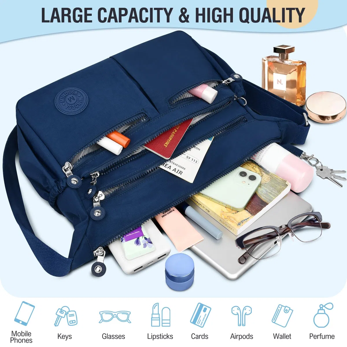 TEUEN Borsa Tracolla Donna Media Borse a Spalla Borsetta in Nylon Impermeabile Messaggero Borsa Crossbody di Grande Capacità con Multitasche per Lavoro Sportiva Scuola Viaggio