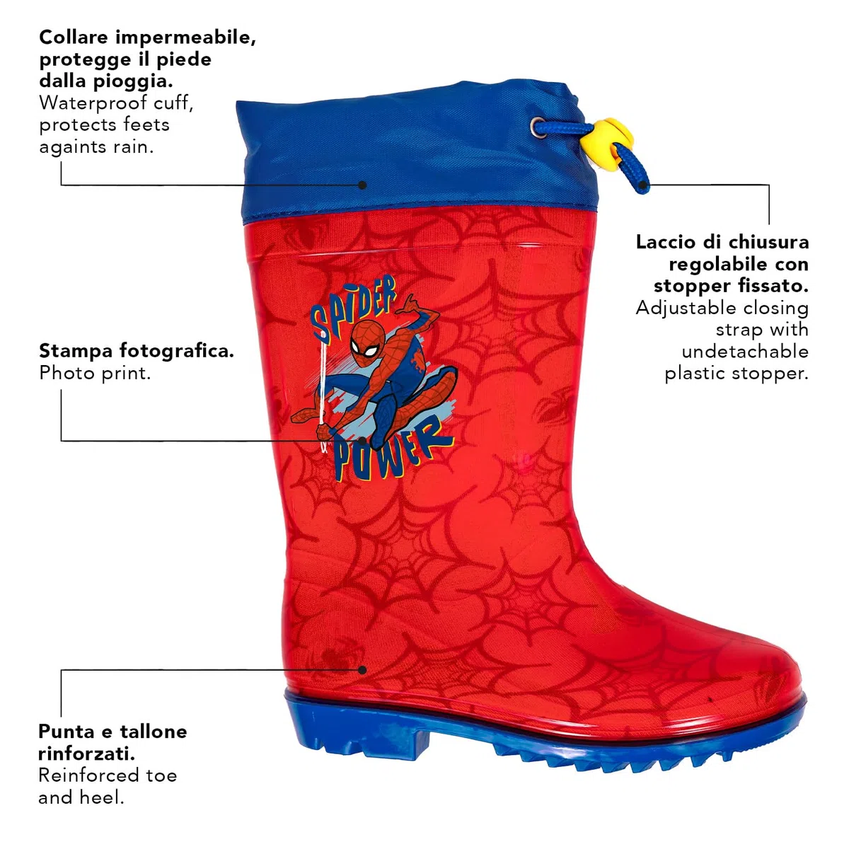 PERLETTI Stivali Pioggia Bambini Uomo Ragno - Stivaletti Impermeabili Spider Man Blu con Bordo Rosso - Galosce Bambino Spiderman con Suola Antiscivolo e Chiusura a Coulisse