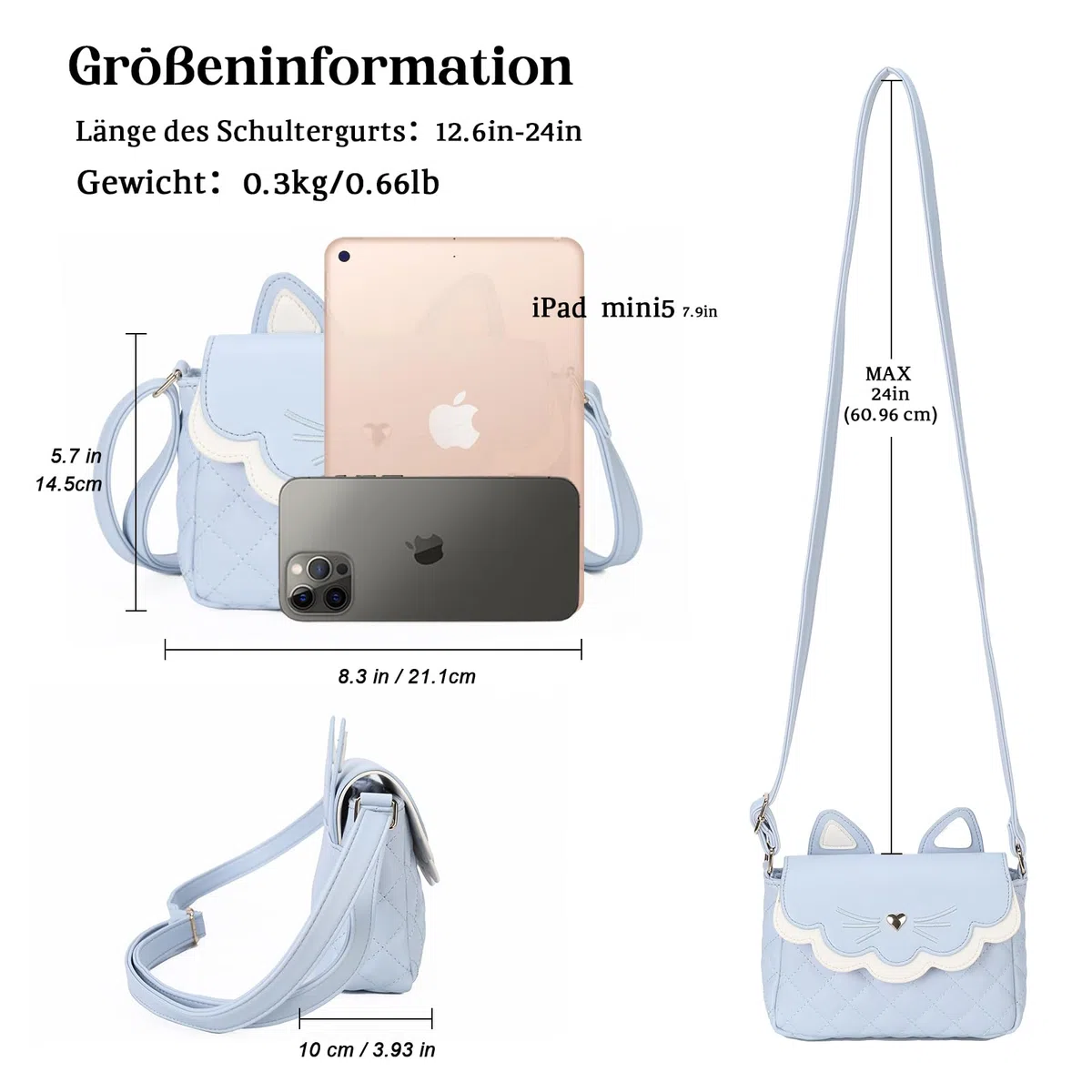 Gladdon Borsa a Tracolla per Ragazze Mini Borsa a Tracolla Borsa per orecchie di gatto Cute Princess Bag Borsa in pelle pura come regalo per ragazze, ragazzi e adolescenti Design originale(Blu)