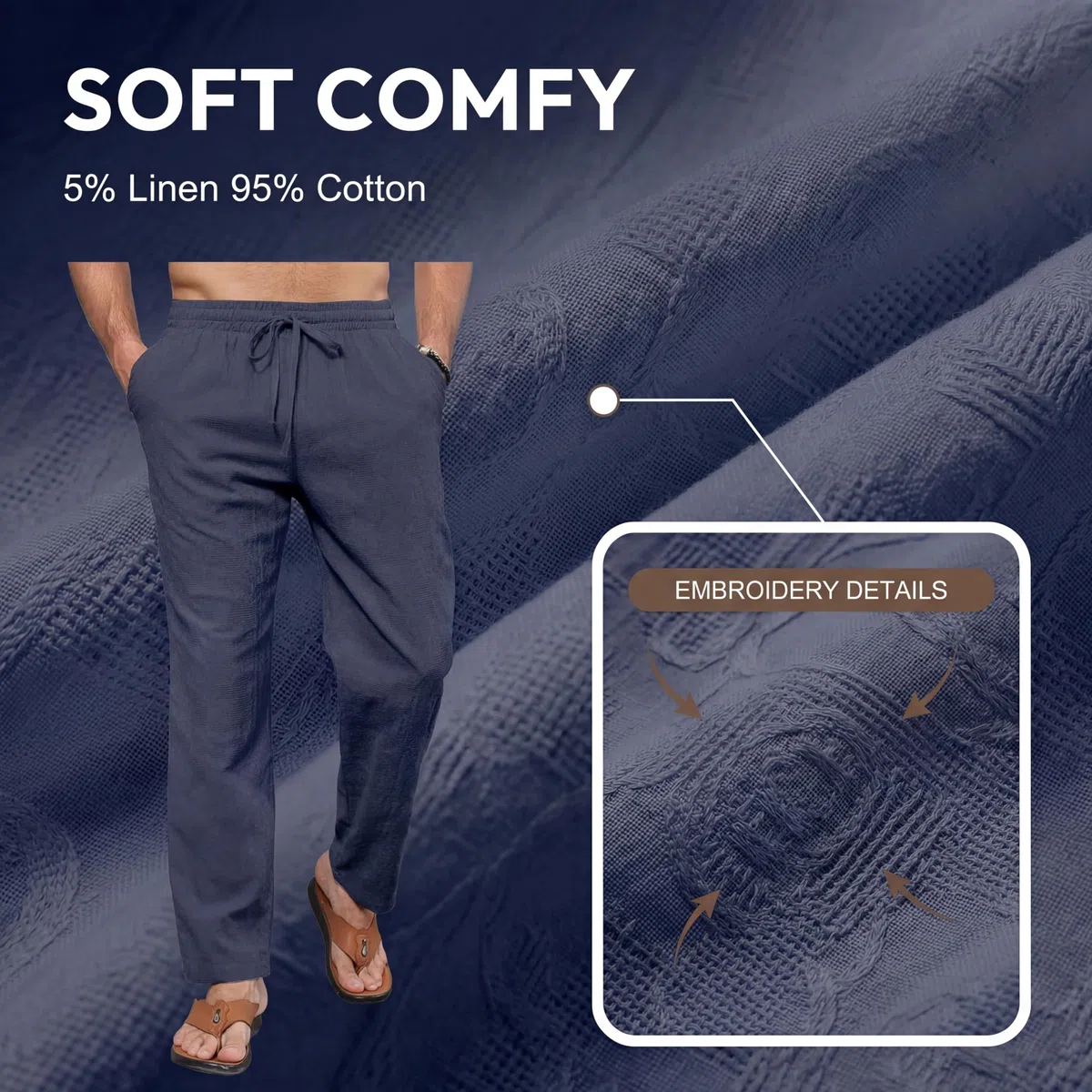 Pantalone Lino Uomo Elastici Leggeri Pantaloni Estivi Uomo Lunghi Cotone Pantalone Motivi Ricamati