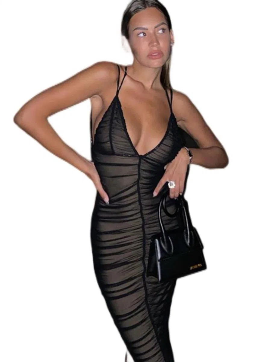 WEITING Elegante Abito Midi Senza Schienale con Cinturino per Spaghetti Moda Donna Nero Senza Maniche Aderente Abiti Lunghi Sexy Vestido-Black,S