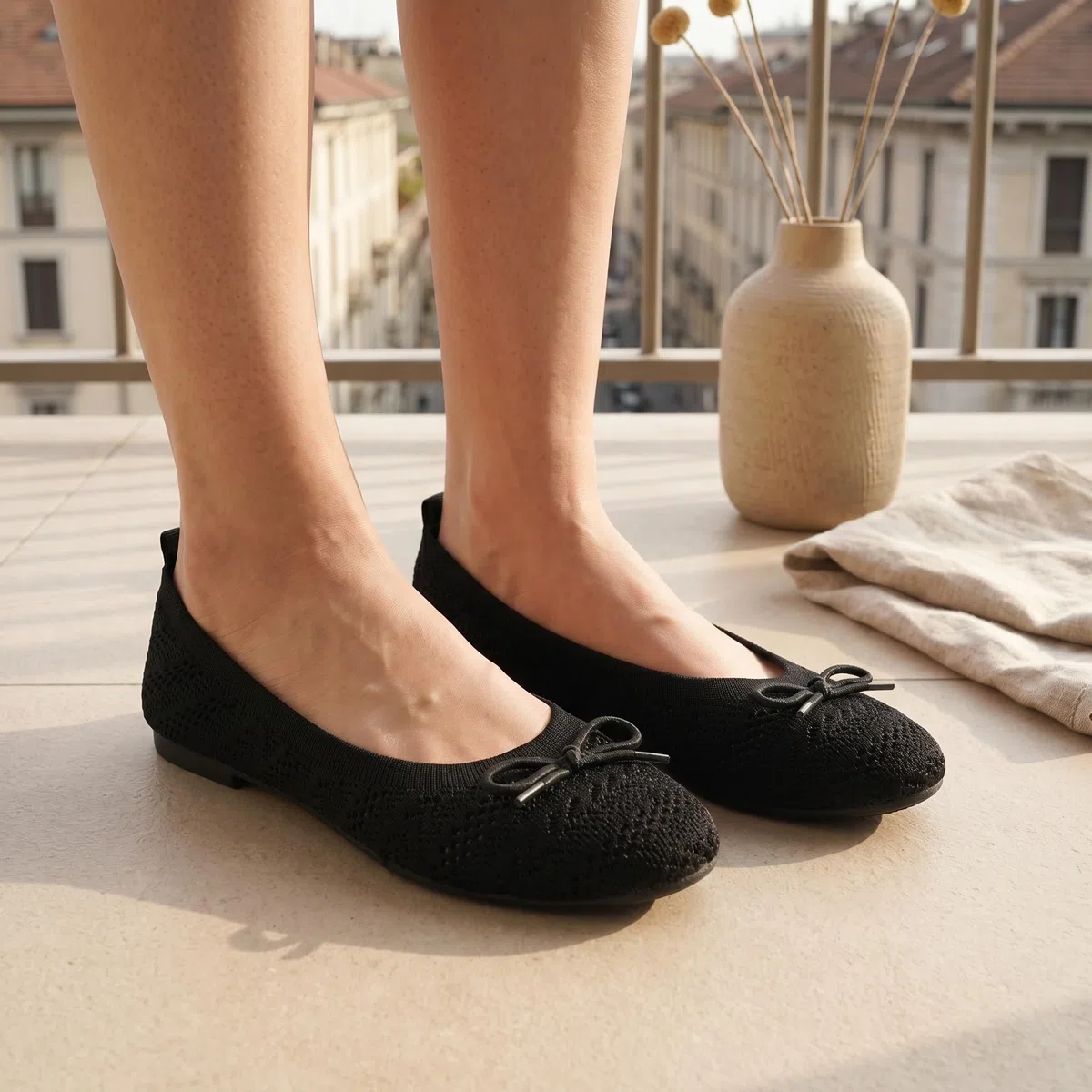 Ballerine da donna in tessuto con fiocco, antiscivolo, tipo manoletina ultra morbide