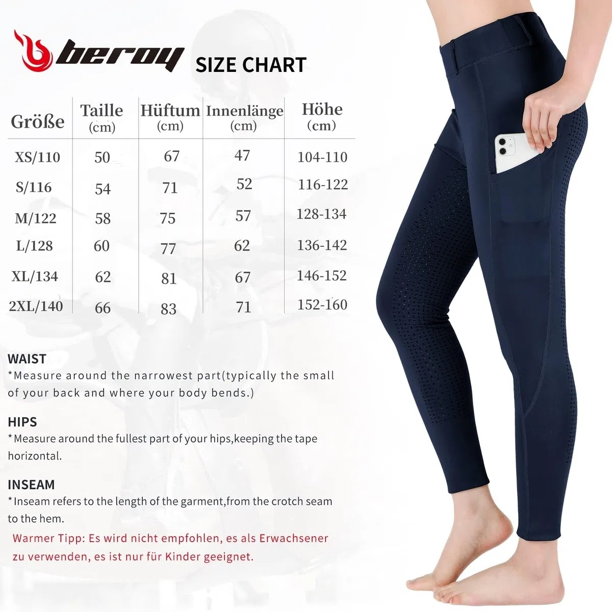 beroy Pantaloni da equitazione per bambini, con inserti in silicone, con passanti per cintura e custodia per cellulare