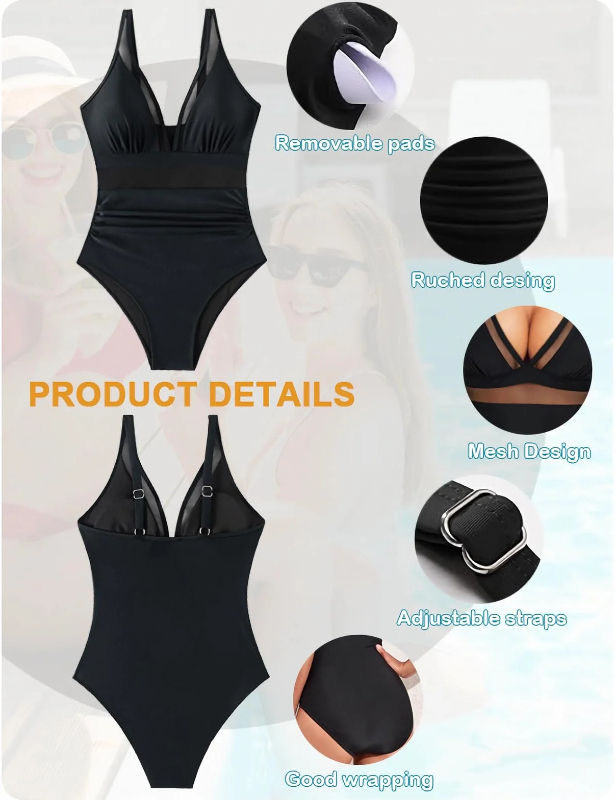 Costume da Bagno Intero Donna Sexy Scollo a V Costumi da Mare Spalline Regolabili Push Up Imbottito Reggiseno Costumi Interi Donna Beachwear