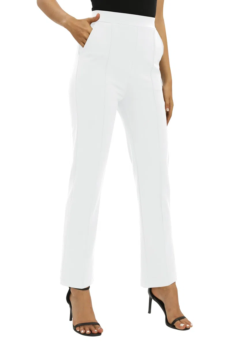EXCHIC Donne Ufficio Casual Elastico Alta Vita Gamba Dritta Pantaloni con Tasche