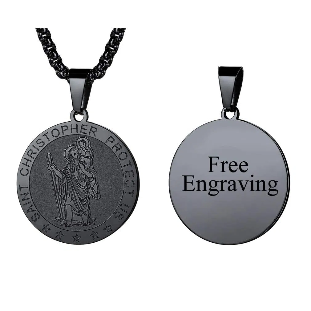 FaithHeart Collana Religiosa Santo San Cristoforo Collana Uomo 3D Rilievo Rotondo Ovale Amuleto Talismano in 316L Acciaio Impermeabile Antiruggine 55+5 CM Catena Impresa