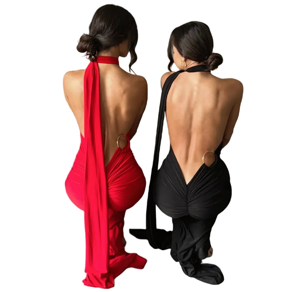 Abito lungo da donna, sexy, monospalla con schiena scoperta, elegante, increspato, senza maniche, abito da sera, abito da cocktail