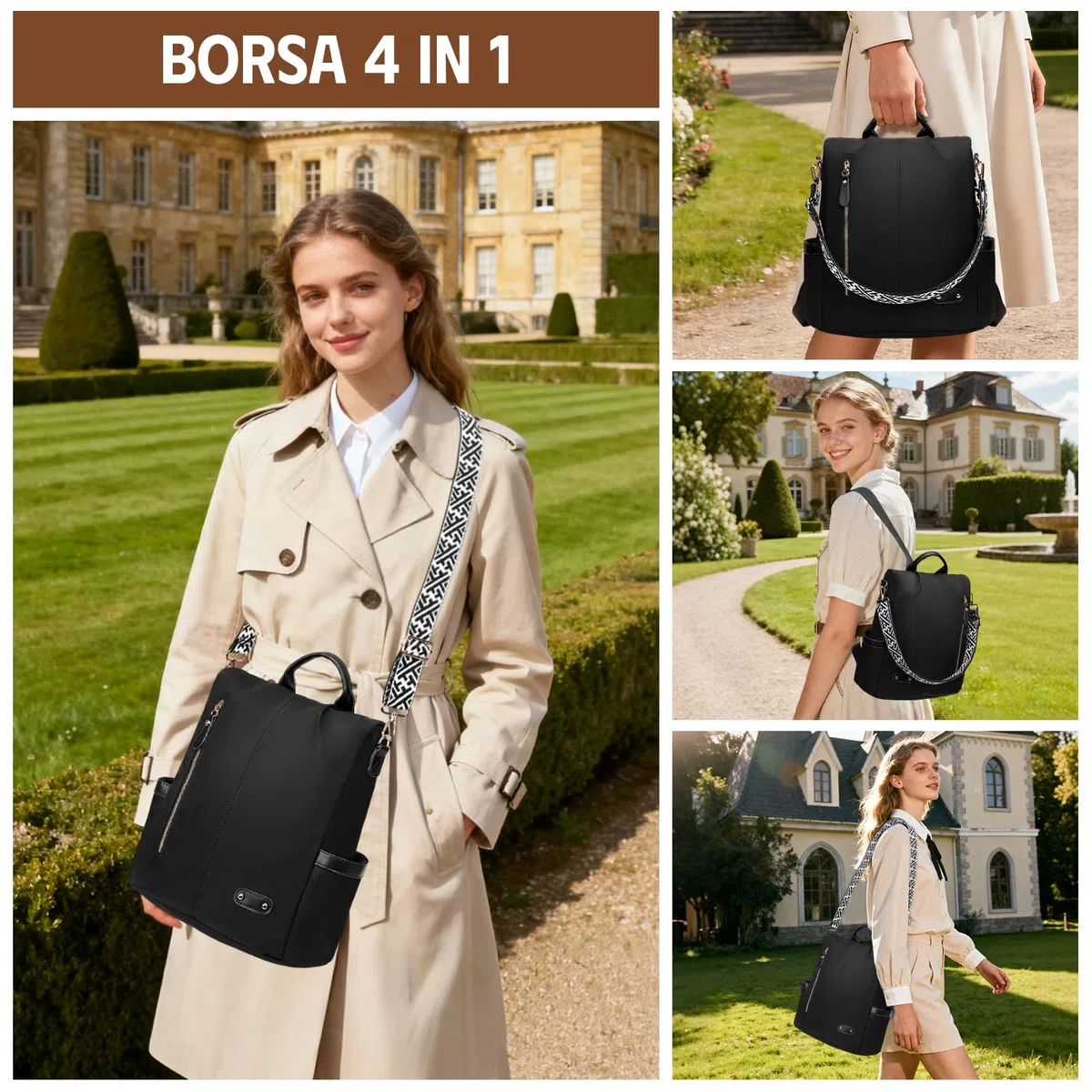 Zaino Antifurto Donna, Borsa Zaino Donna Elegante, Zainetto in Nylon, Zaini Piccola Casual Impermeabile con Custodie RFID, Convertibile da Spalla, Mano e Tracolla per Lavoro Viaggi Sportivo Scuola