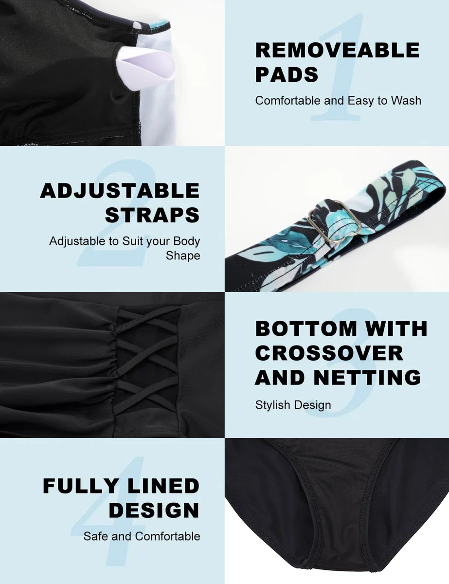 Tuopuda Costume da Bagno Donna a Vita Alta in Due Pezzi,Top Bikini Push up con Scollo a V e Slip per Il Controllo della Pancia,Schiena Incrociata Costumi da Bagno