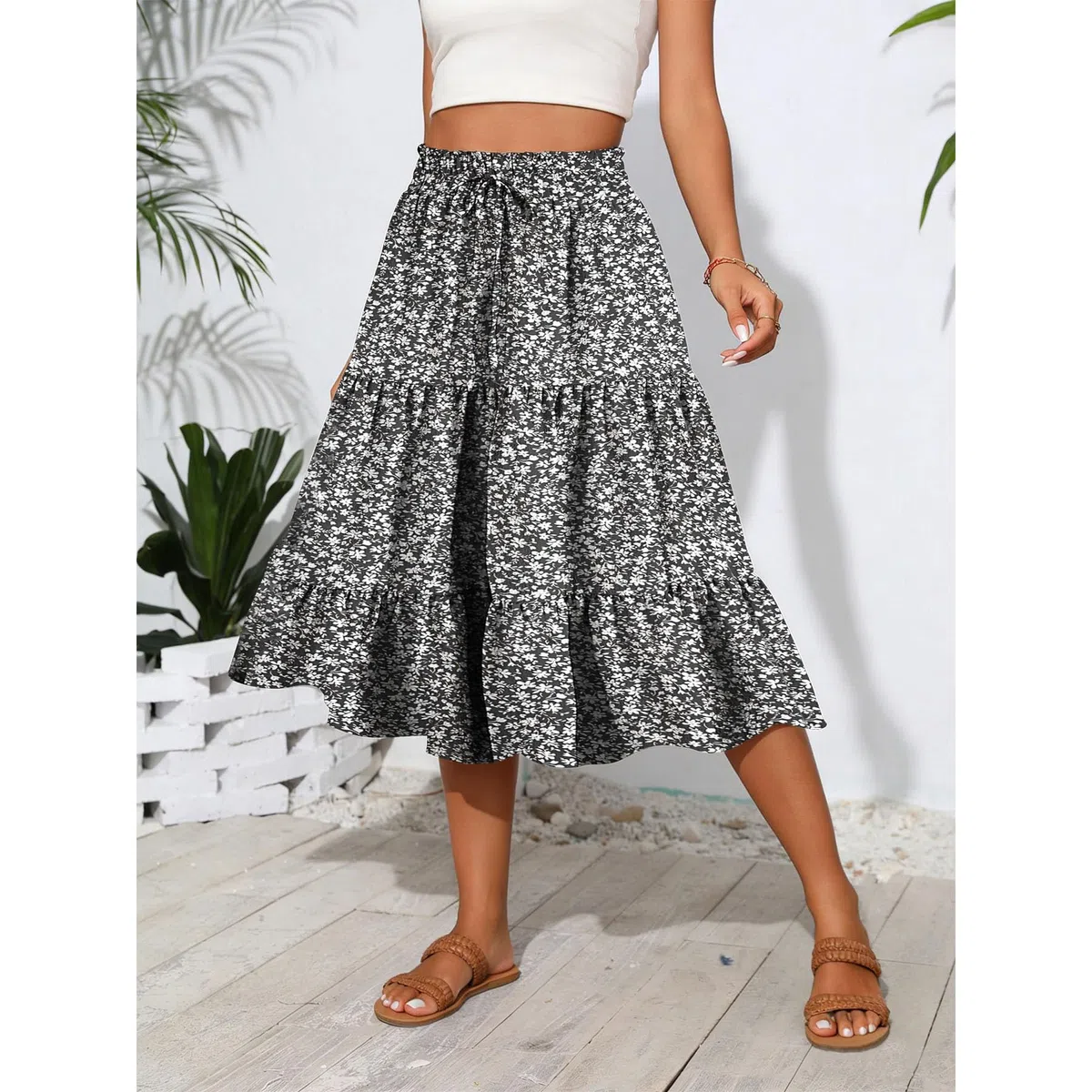 Gonna Midi Elegante a Fiori da Donna Gonne Estive a Vita Alta con Linea ad A Gonna da Spiaggia Gonne Casual in Tinta Unita