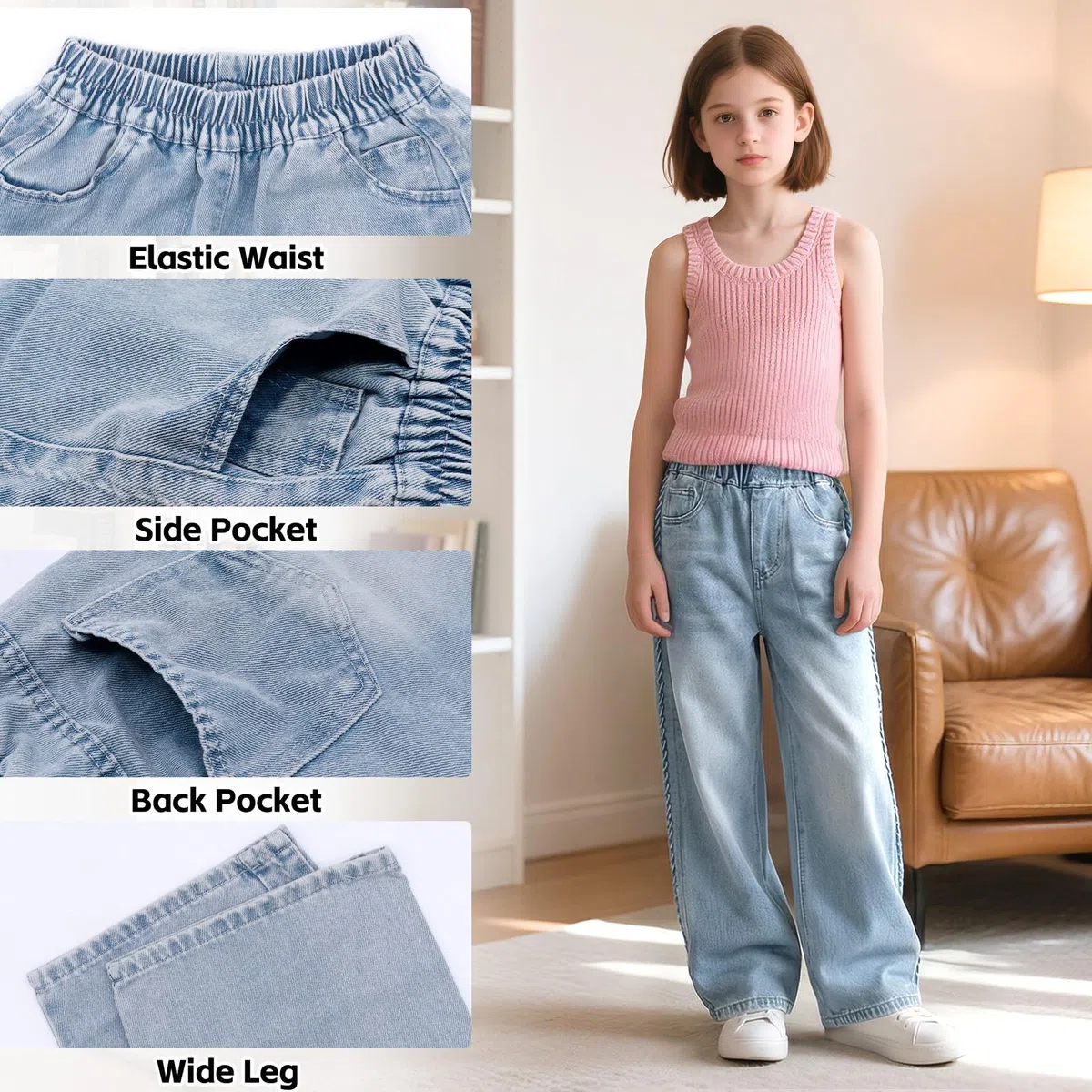 Jeans Ragazze Bambina Baggy Loose Fit Denim Pantaloni Gamba Larga Lunghi Jean con Vita Elastica Blu Casual Stretch Denim Pants con Tasche Moda Versatile Streetwear per Ragazza 7-15 Anni