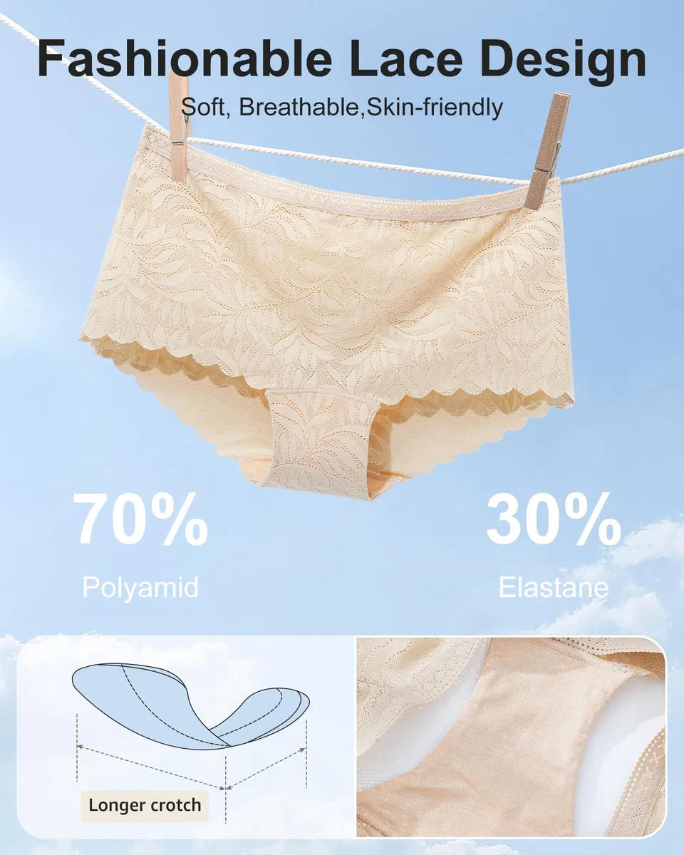 Levao Mutandine da donna in pizzo corto morbido e confortevole, slip invisibile, da donna, intimo, sexy, senza cuciture, da donna, confezione da 5