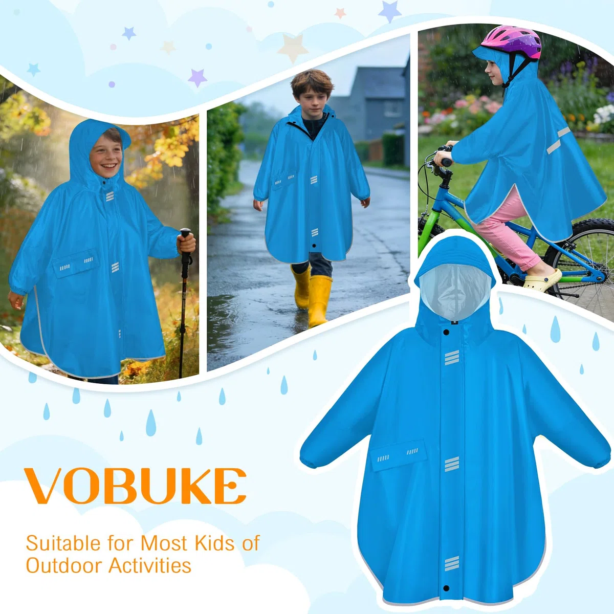 Poncho Antipioggia Bambino Leggero Mantella Antipioggia Impermeabile Con Cappello Tesa Strisce Riflettenti Unisex Poncho Antipioggia Riutilizzabile Giacche Pioggia con Tasca Ragazze Ragazzi