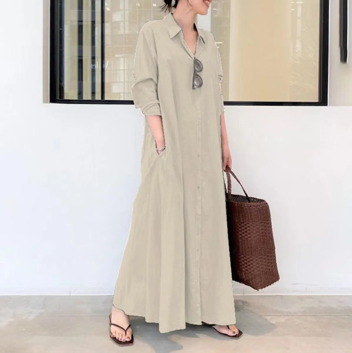 Comodi abiti da donna in lino lungo camicia con tasche abiti formali da donna da sera
