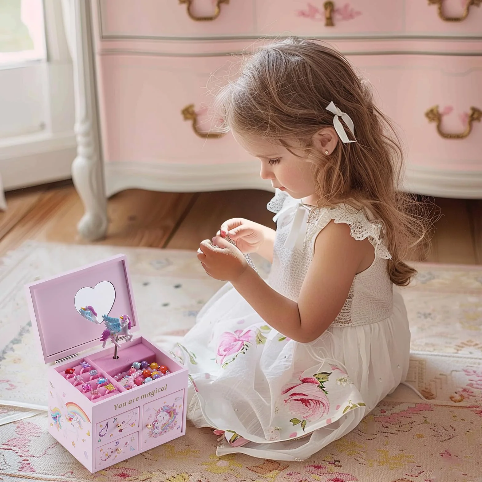 Lolalet Scatola di Gioielli in Legno con Unicorno per le Ragazze, Organizzatore di Gioielli per Bambini, Cassa di Gioielli per Collana Orecchini Bracciale Orologio Lipstick Anello -Rosa