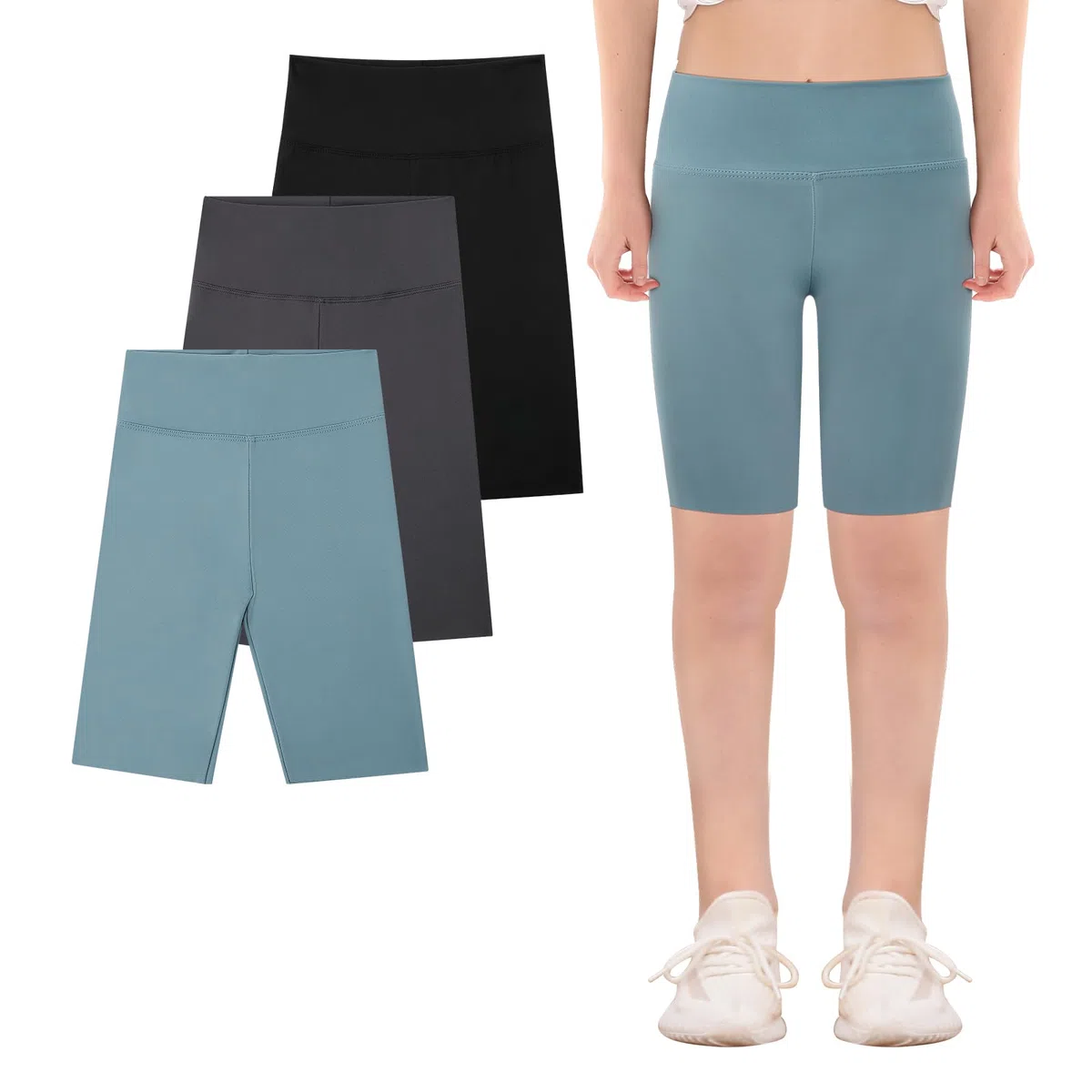 KAKU NANU 3 pantaloncini da ciclismo da bambina, 5-13 anni, lunghezza al ginocchio, leggings per danza, scuola, palestra, estate, nero, grigio, blu, rosa