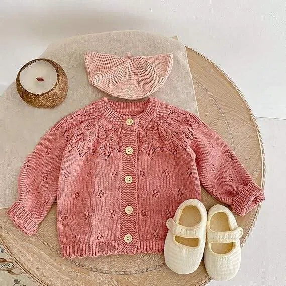Cardigan Bambina - Maglia Cotone Manica Lunga Scollo Tondo Bottoni Maglia Jacquard - Cappottino Primavera Autunno per Neonate 3M-3 Anni