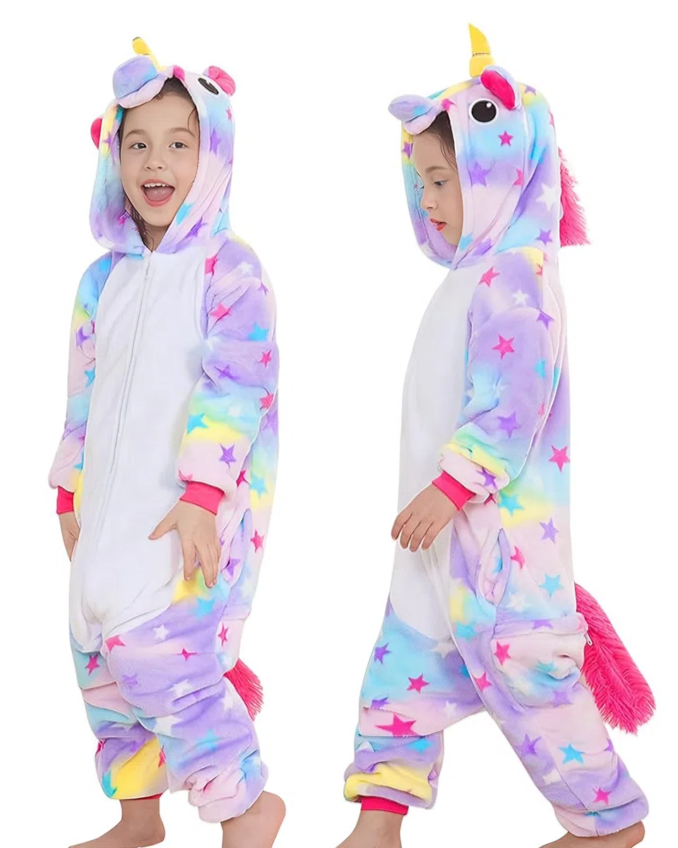 GEEKEO Unicorno Pigiama Intero - Pigiameria Onesie Bambini Cosplay Cartone Animato Animale con Cappuccio Festivo Tutine Bambina & Ragazza Intero Pigiama per Halloween Festa Carnevale
