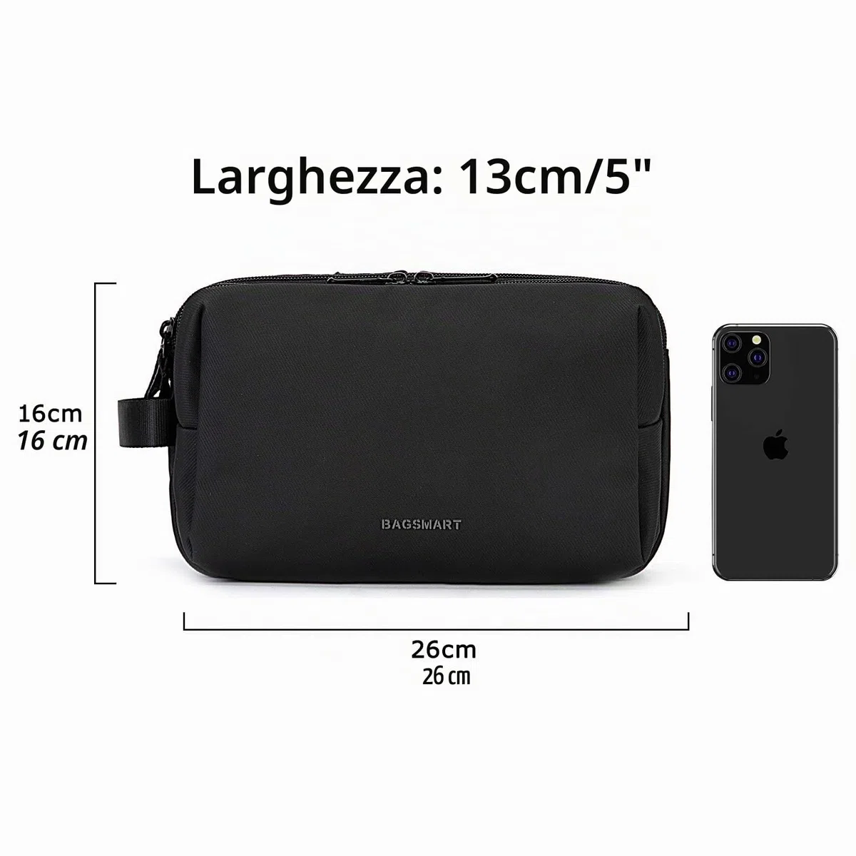 BAGSMART Beauty Case da Viaggio Uomo Donna, Borsa da Toilette con Doppia Apertura A Cerniera, Borsa per Cosmetici, 5 L, Pellicola in Pelle Nera