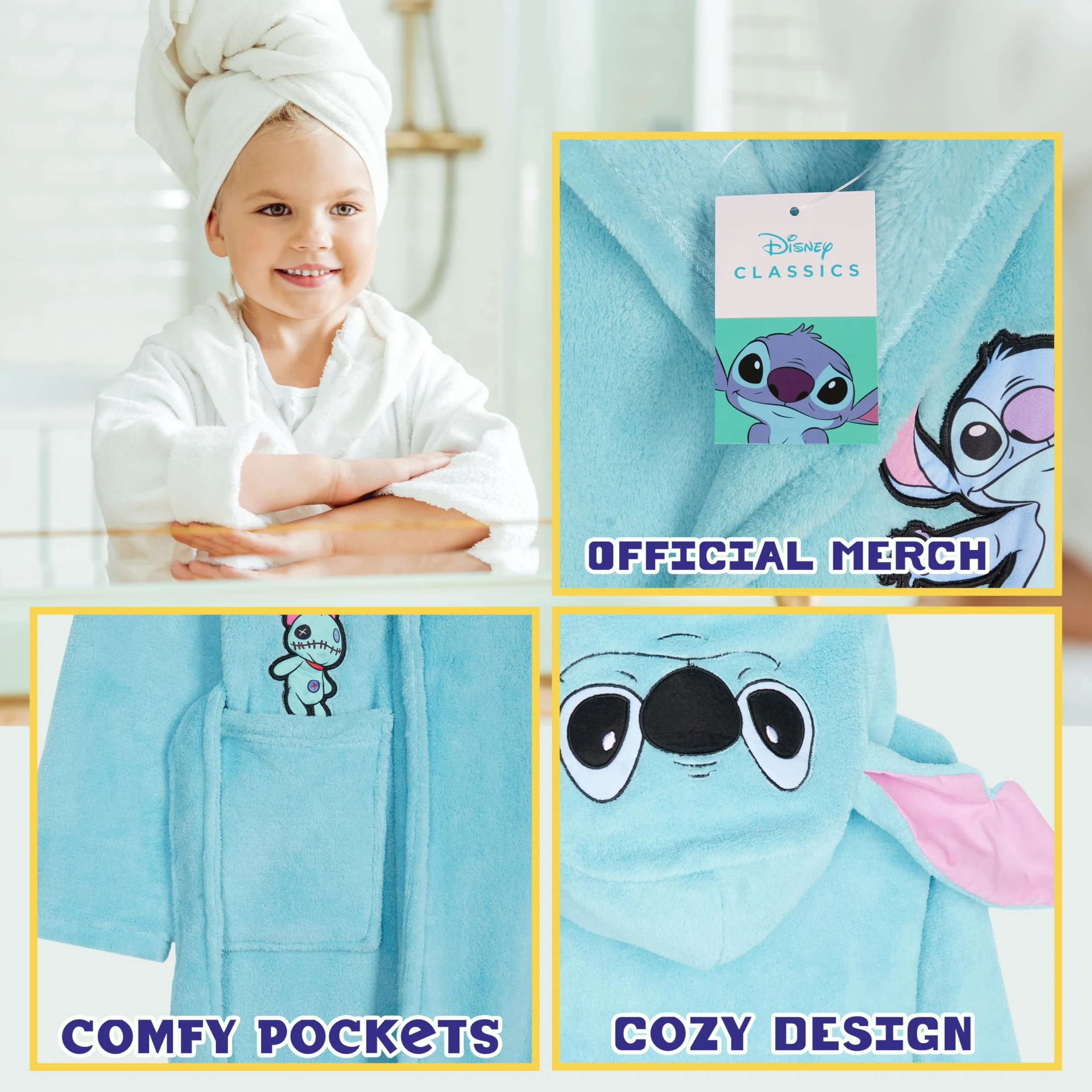 Disney Stitch Pile Accappatoio Bambina con Cappuccio e Tasche - Regalo Ragazza