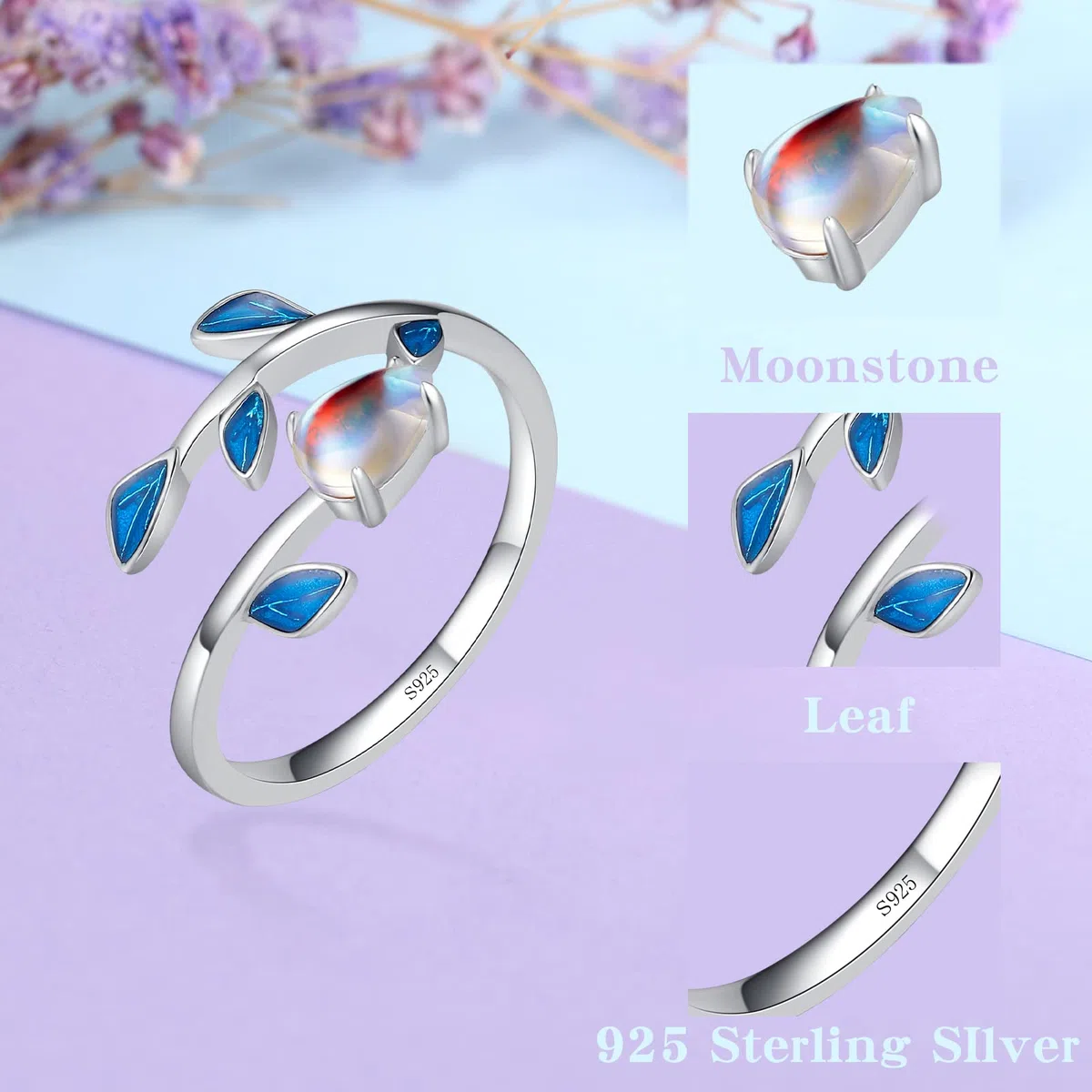 Qings Anello Pietra di Luna Argento Sterling 925 Regolabile Aperto Ovale Arcobaleno Moonstone Foglia Anelli per Donne Ragazze