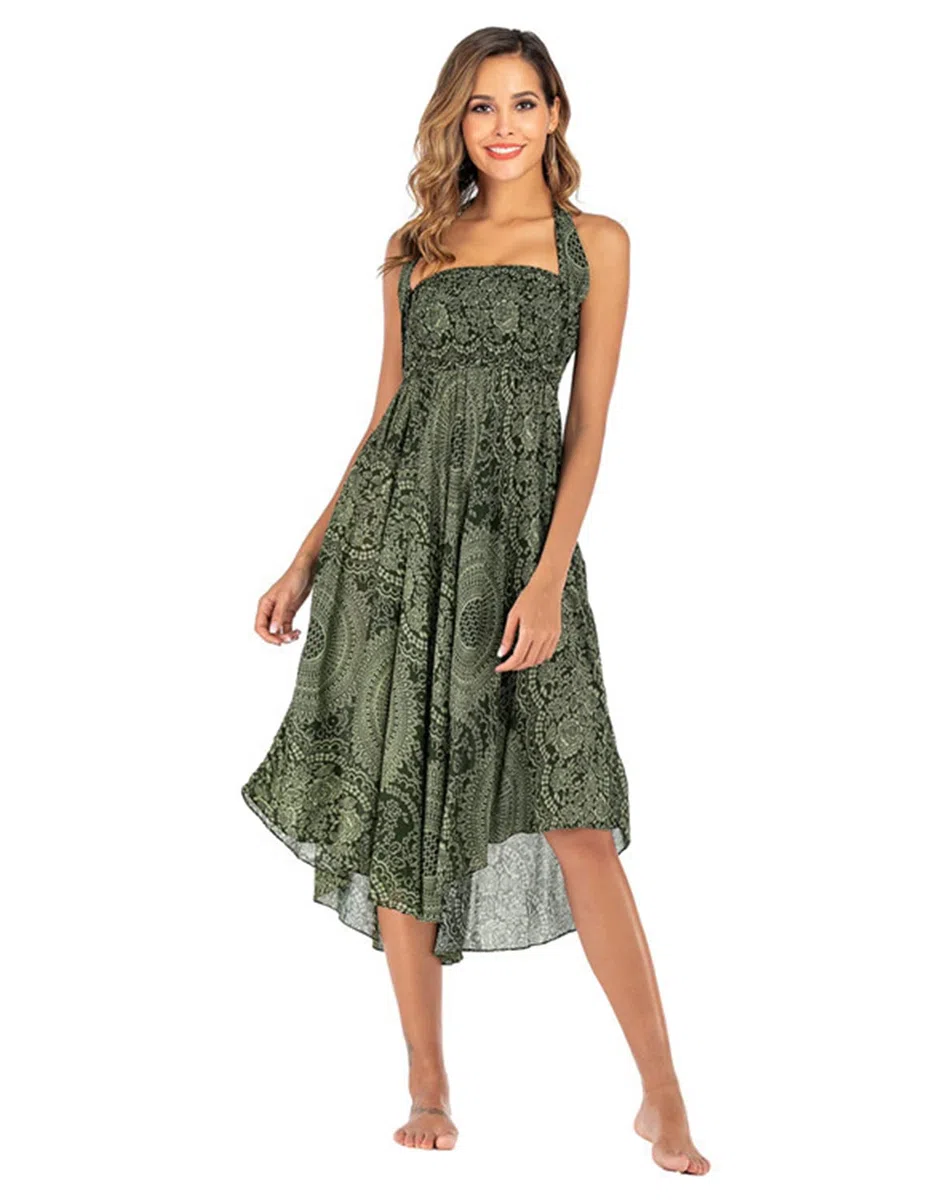Donna Vestiti da Spiaggia Senza Maniche Eleganti 2 in 1 Gonna Stampa Boho Casual Estivo Arricciato Maxi Abito Taglia Unica