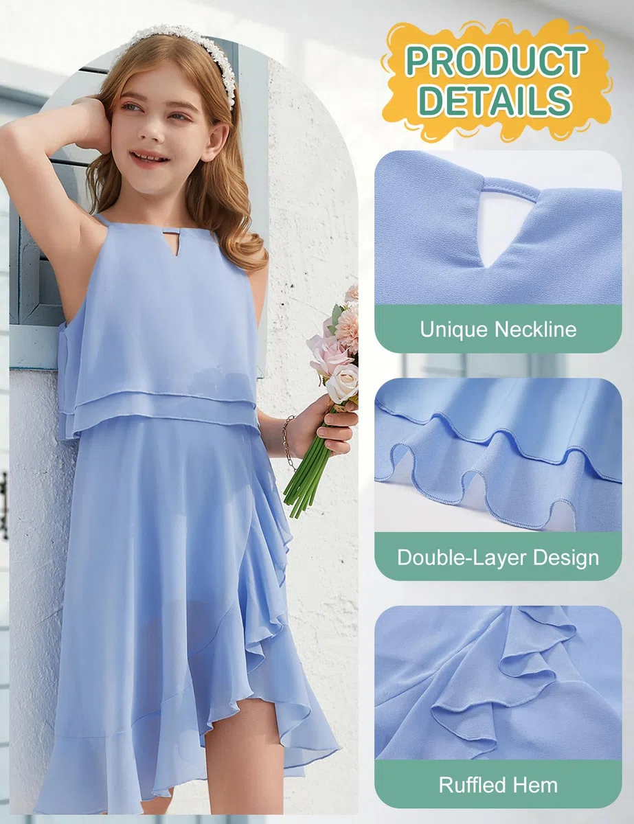 heekpek Abito da Ragazza Senza Maniche Estate Chiffon Vestito Bambina Volant Elegante Abiti da Festa per Ragazza 6-15 Anni
