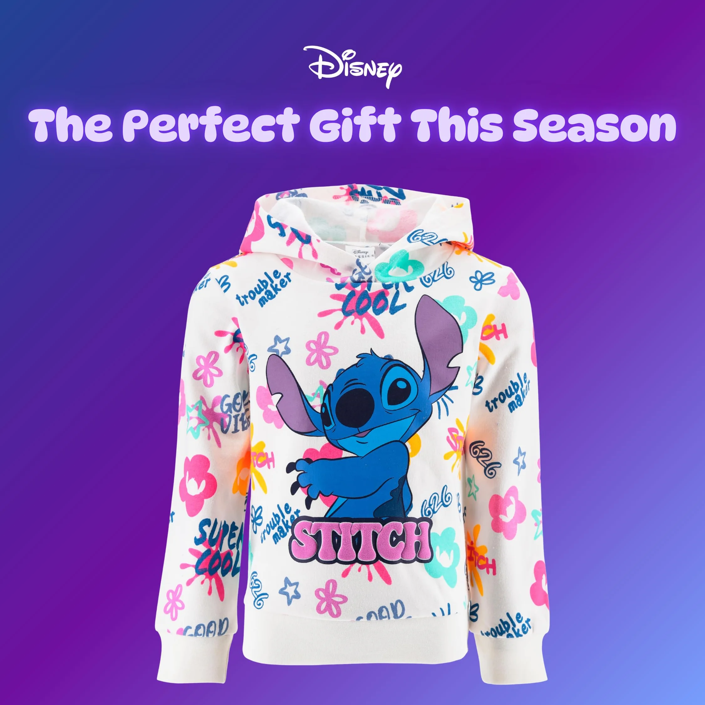 Disney Stitch Felpa per Ragazze, Maglione Motivo Stitch, Jersey Pullover con Cappuccio in Tessuto Morbido per Bambina, Taglie 3 a 8 Anni